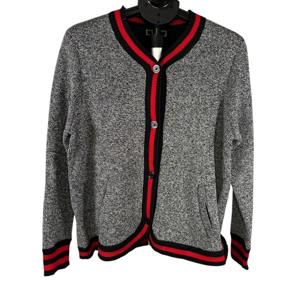 C Wonder Womens Varsity Cardigan Sweater Black White Marled Red Stripe Large